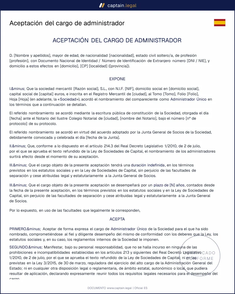 Modelo de aceptación del cargo de administrador (SL y SA)