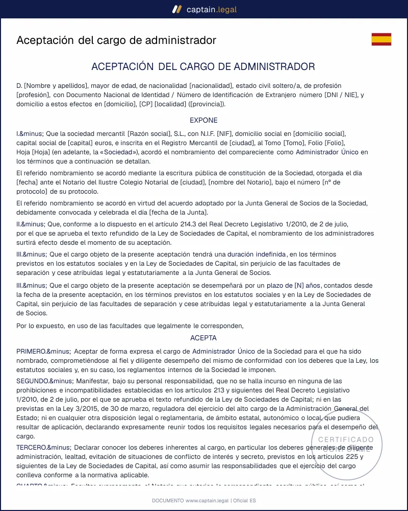 Modelo de aceptación del cargo de administrador (SL y SA)
