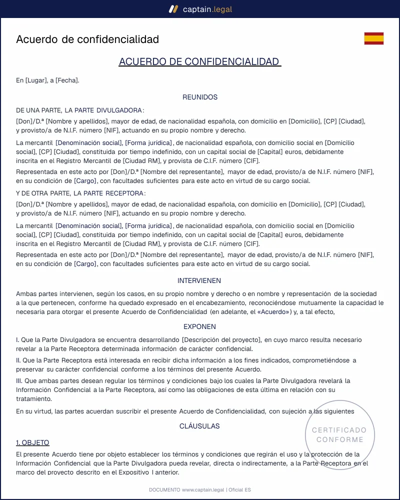 Acuerdo de confidencialidad: NDA conforme a la Ley 1/2019