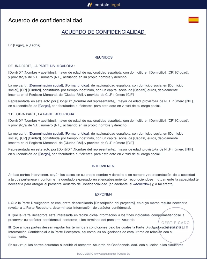 Acuerdo de confidencialidad: NDA conforme a la Ley 1/2019