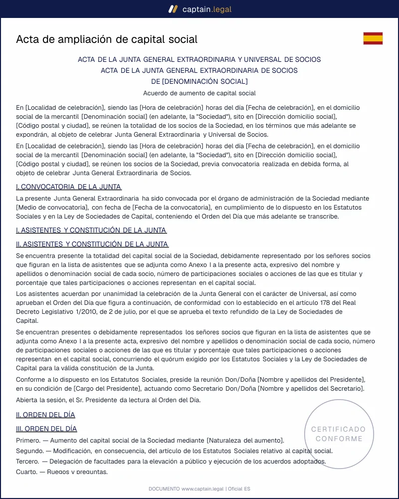 Acta de ampliación de capital social ante notario