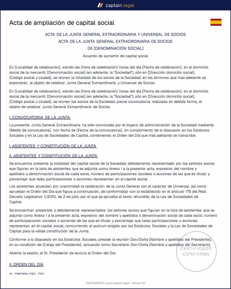 Acta de ampliación de capital social ante notario