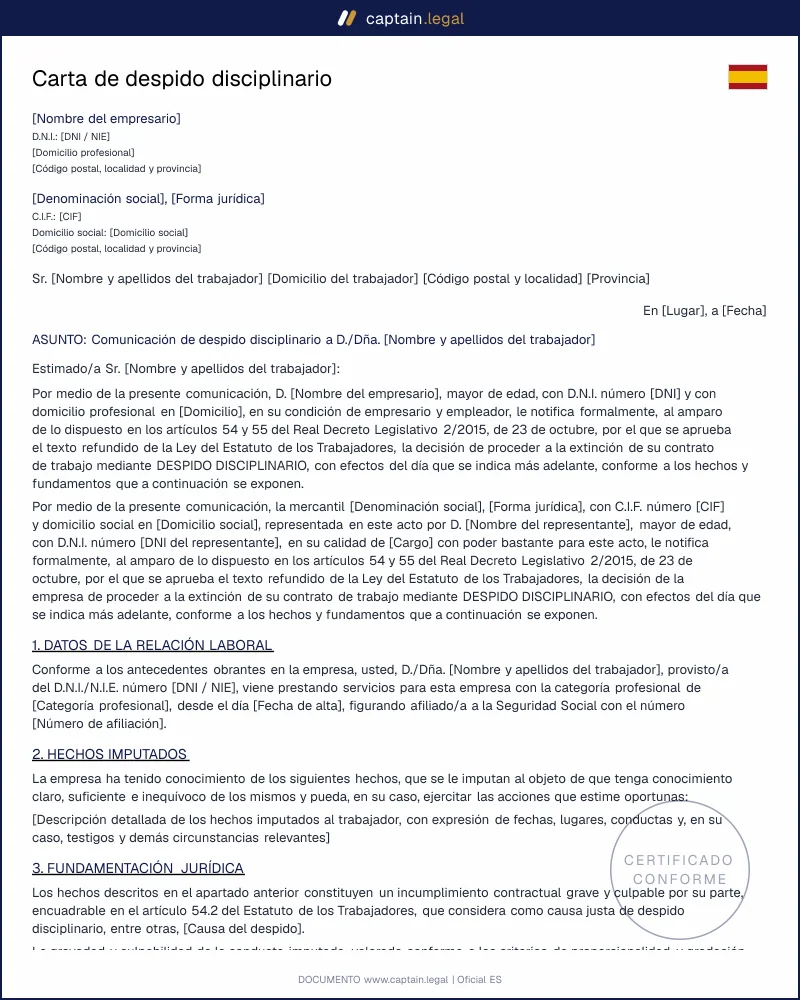 Modelo de carta de despido disciplinario válido ante el juzgado