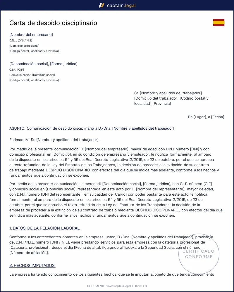 Modelo de carta de despido disciplinario válido ante el juzgado