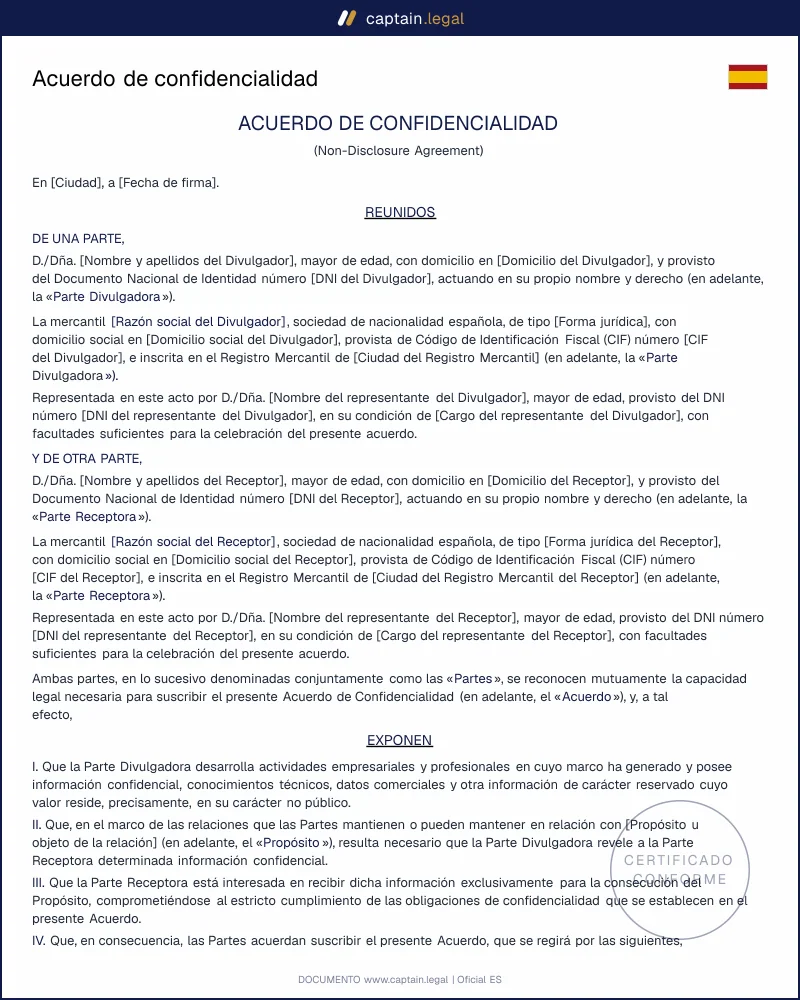 Acuerdo de confidencialidad: plantilla NDA conforme a la Ley 1/2019