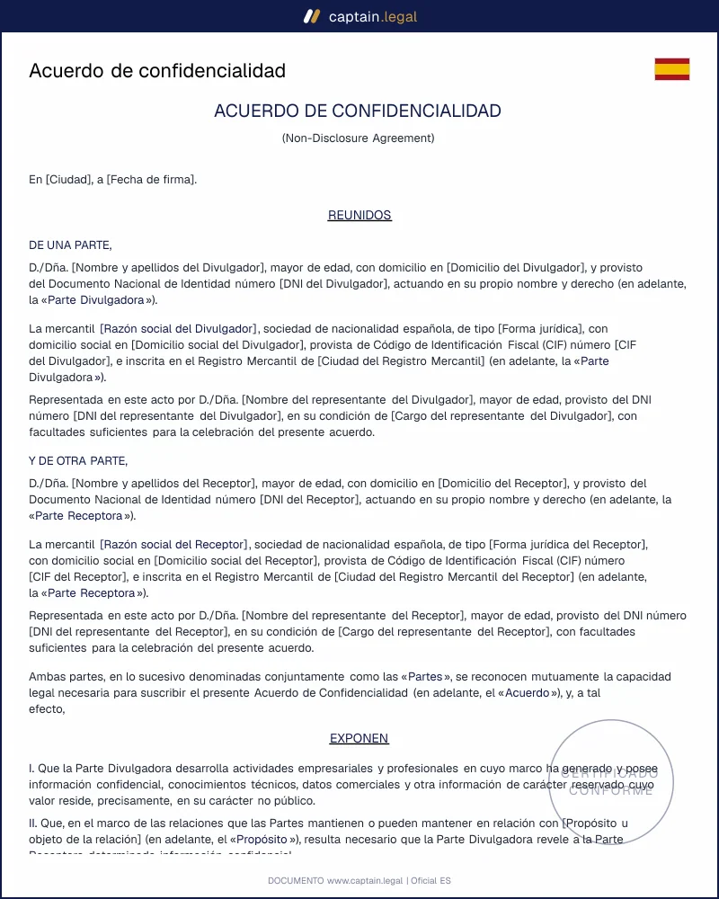 Acuerdo de confidencialidad: plantilla NDA conforme a la Ley 1/2019