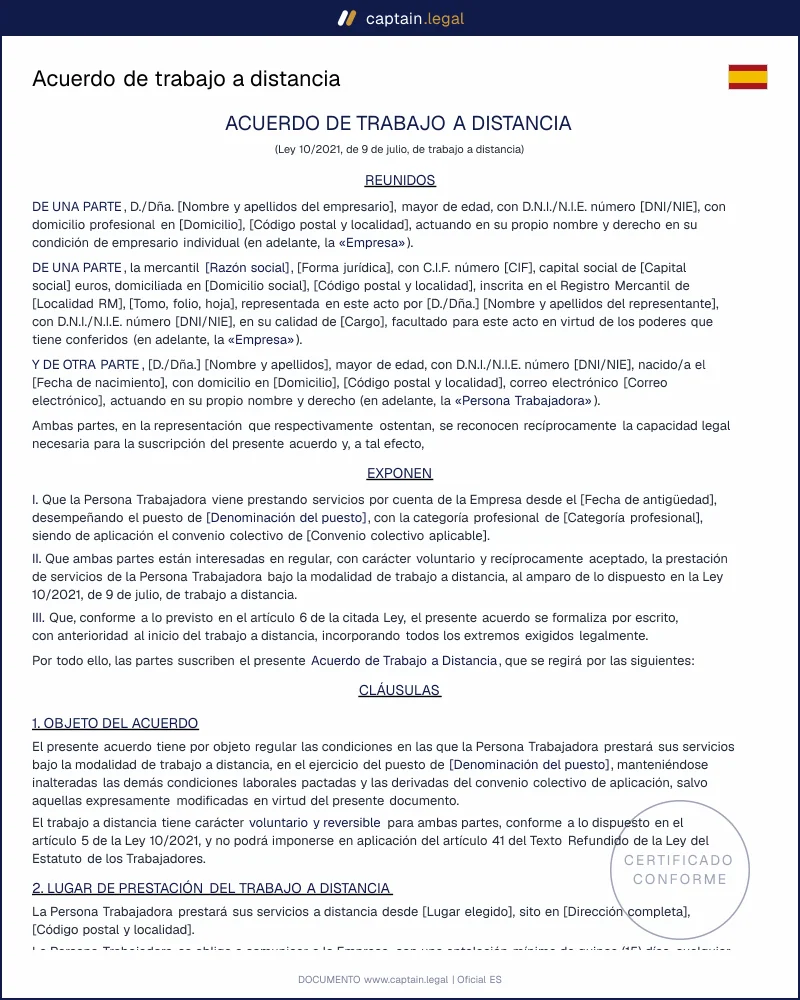 Acuerdo de trabajo a distancia: plantilla legal en España 2026