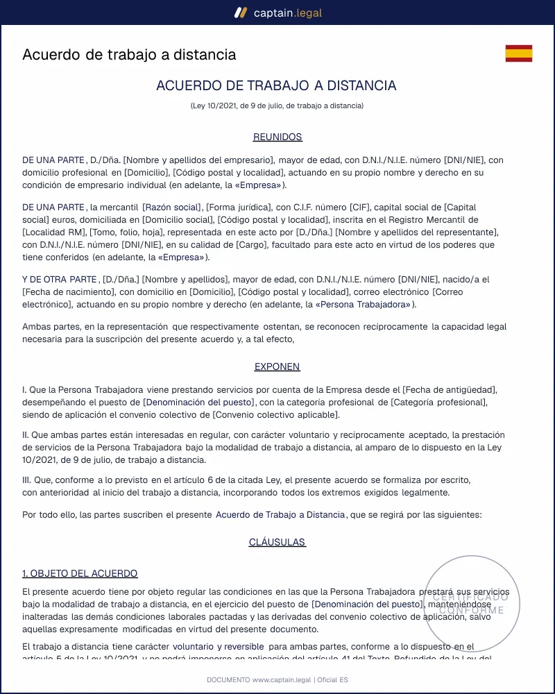 Acuerdo de trabajo a distancia: plantilla legal en España 2026