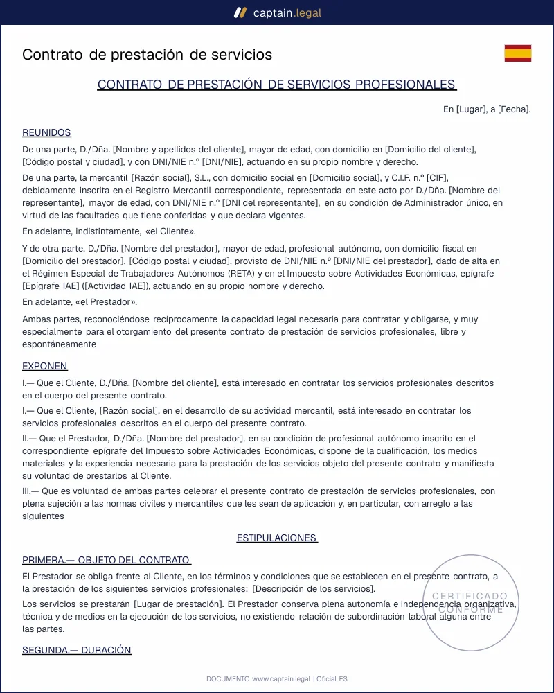 Contrato de prestación de servicios para autónomos y empresas