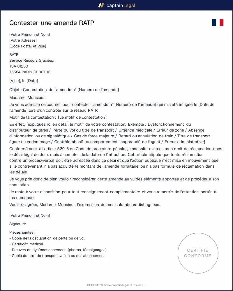 Modèle de lettre pour contester une amende RATP