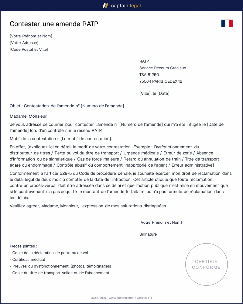 Modèle de lettre pour contester une amende RATP