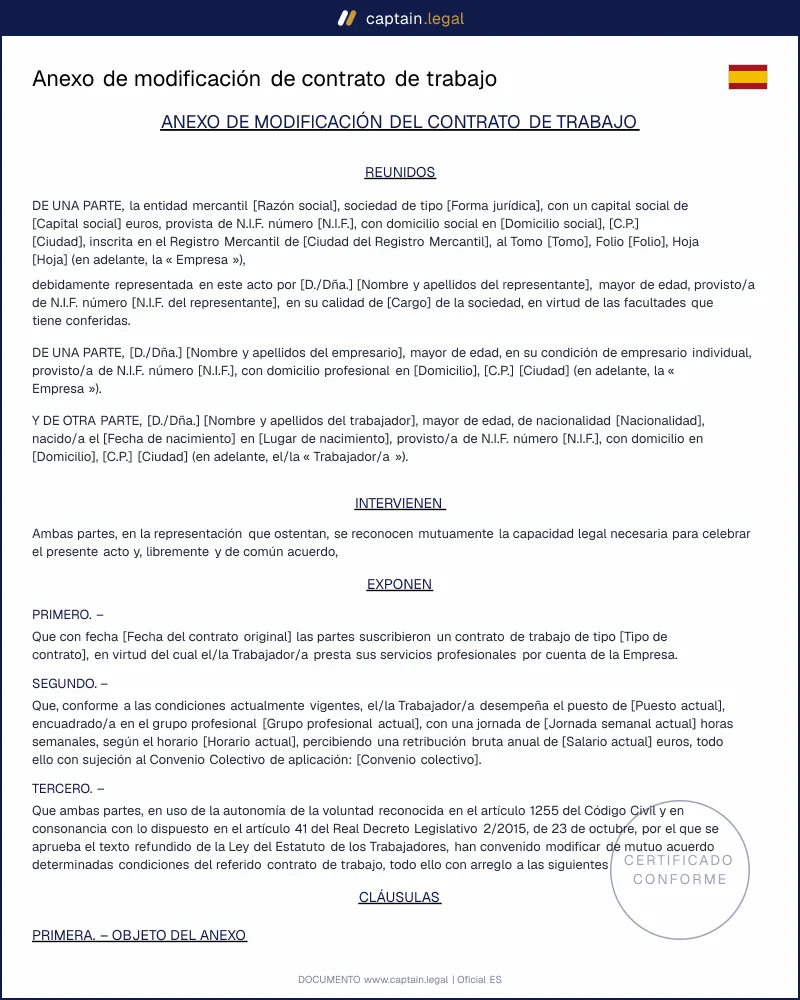 Anexo modificación contrato laboral: cambia salario, jornada o puesto