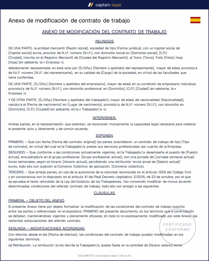 Anexo modificación contrato laboral: cambia salario, jornada o puesto