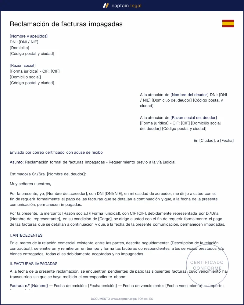 Reclamación de facturas impagadas: modelo legal en España 2026