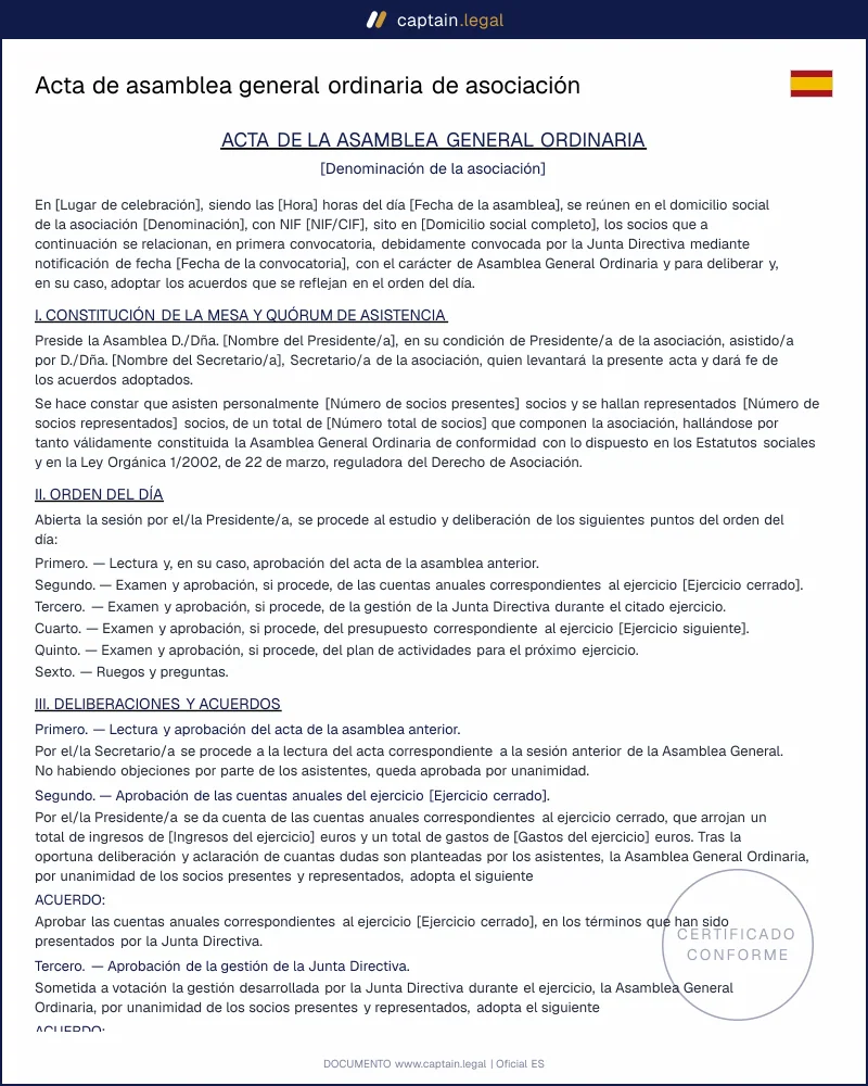 Modelo de acta de asamblea general ordinaria de asociación