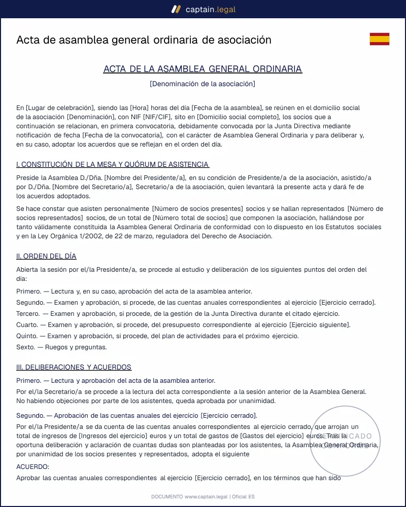Modelo de acta de asamblea general ordinaria de asociación