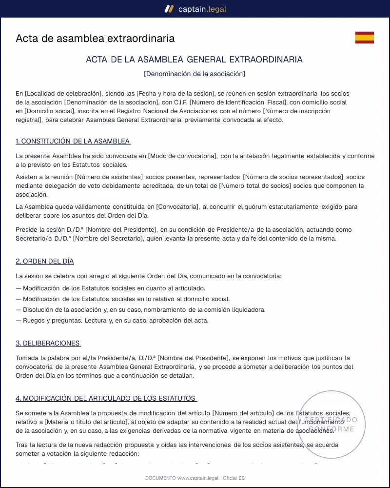 Modificación de estatutos: acta de asamblea extraordinaria