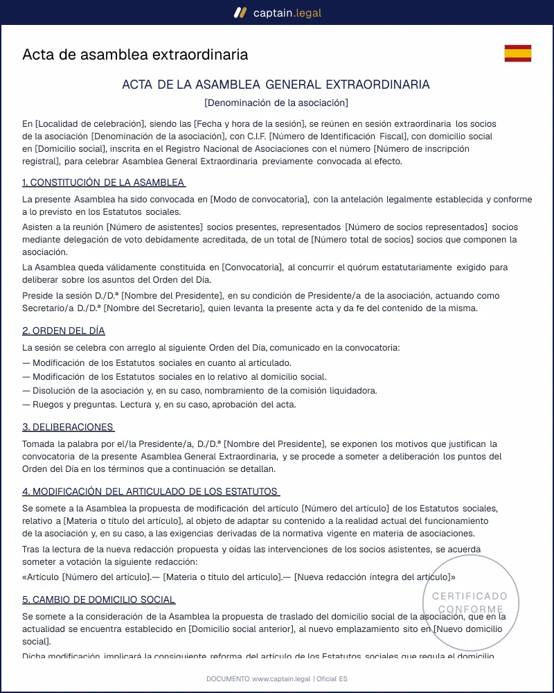 Modificación de estatutos: acta de asamblea extraordinaria