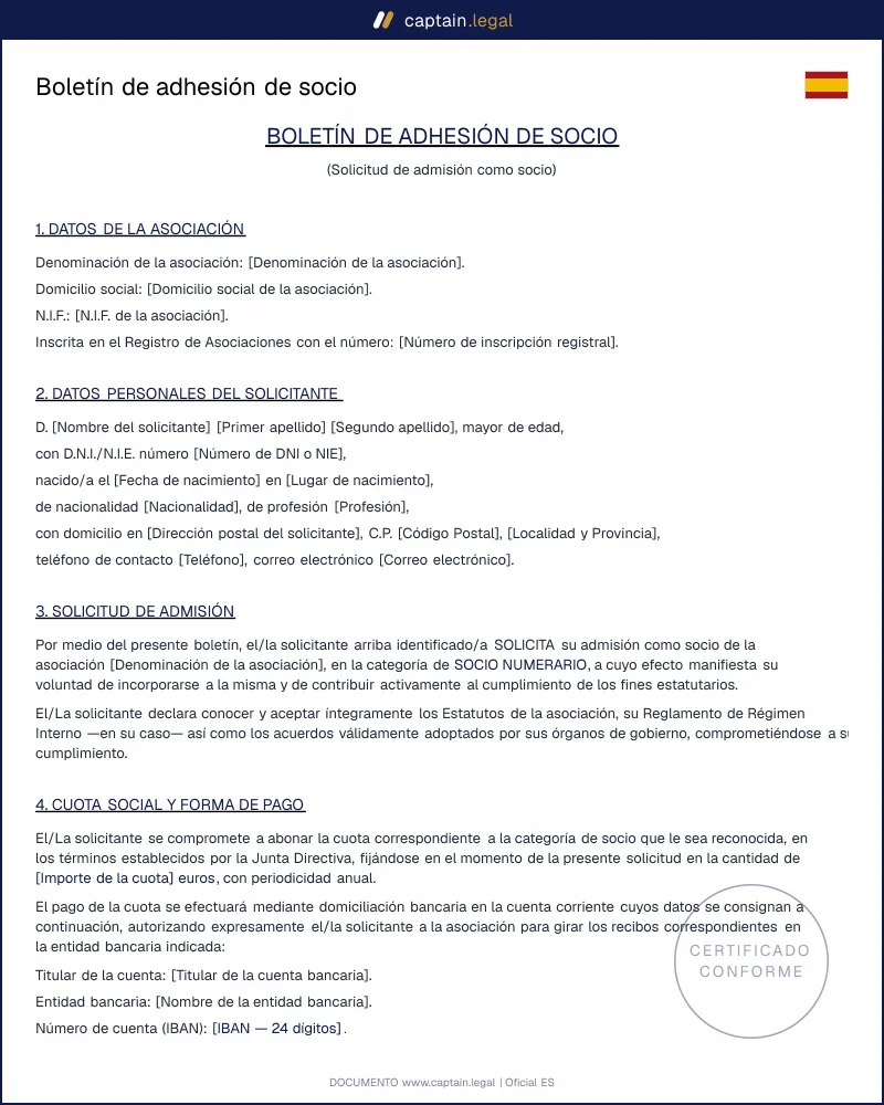 Solicitud de adhesión de socio | Boletín asociación PDF Word