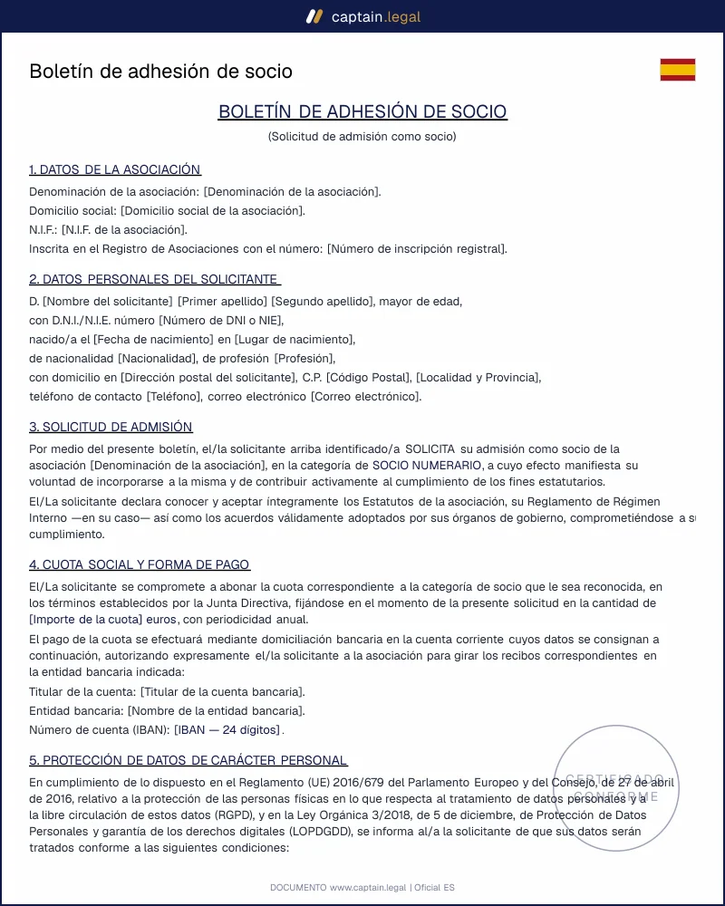 Solicitud de adhesión de socio | Boletín asociación PDF Word