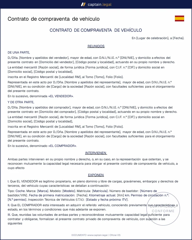 Contrato compraventa coche o moto entre particulares
