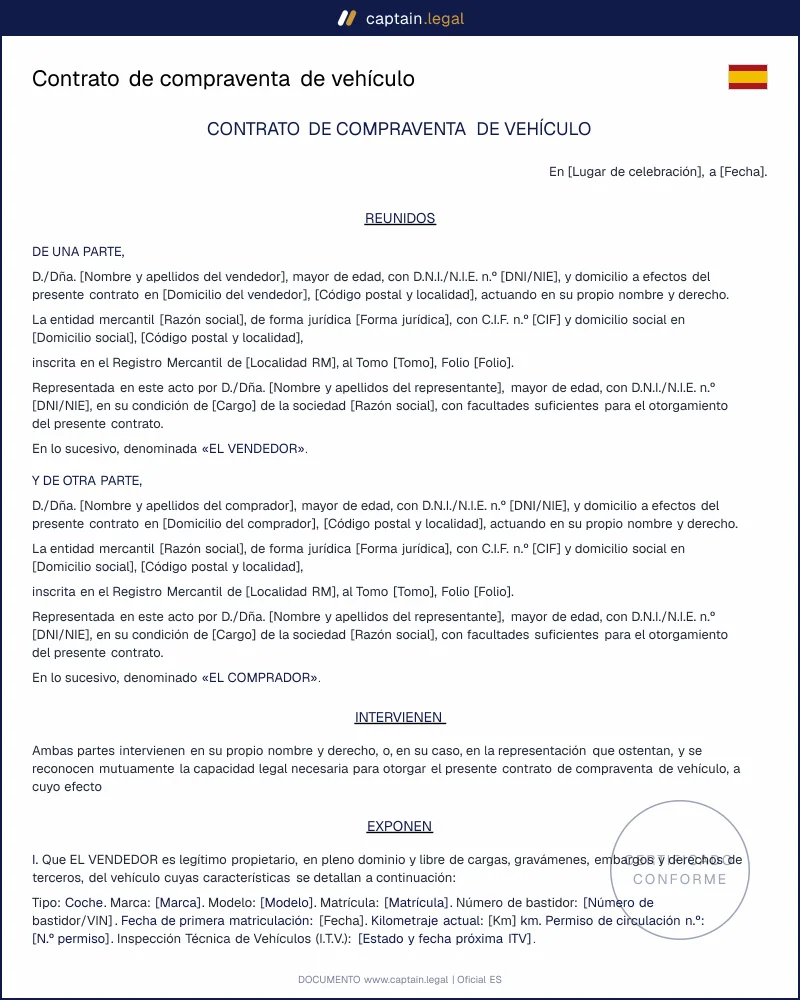 Contrato compraventa coche o moto entre particulares