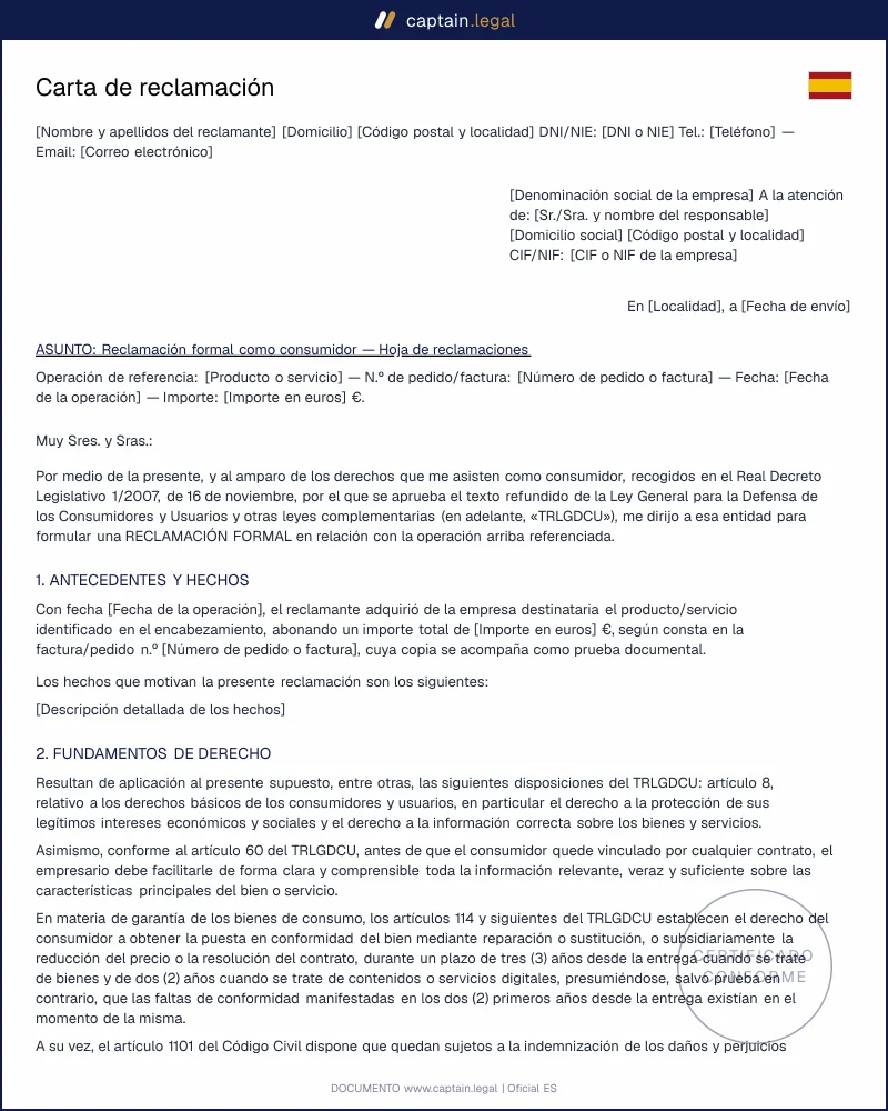Modelo de carta de reclamación a empresa en Word y PDF