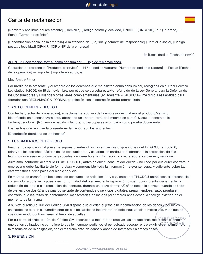 Modelo de carta de reclamación a empresa en Word y PDF
