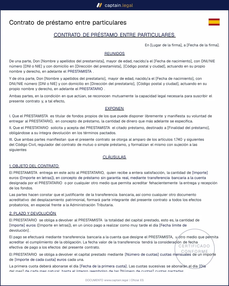 Contrato de préstamo entre particulares: plantilla legal 2026