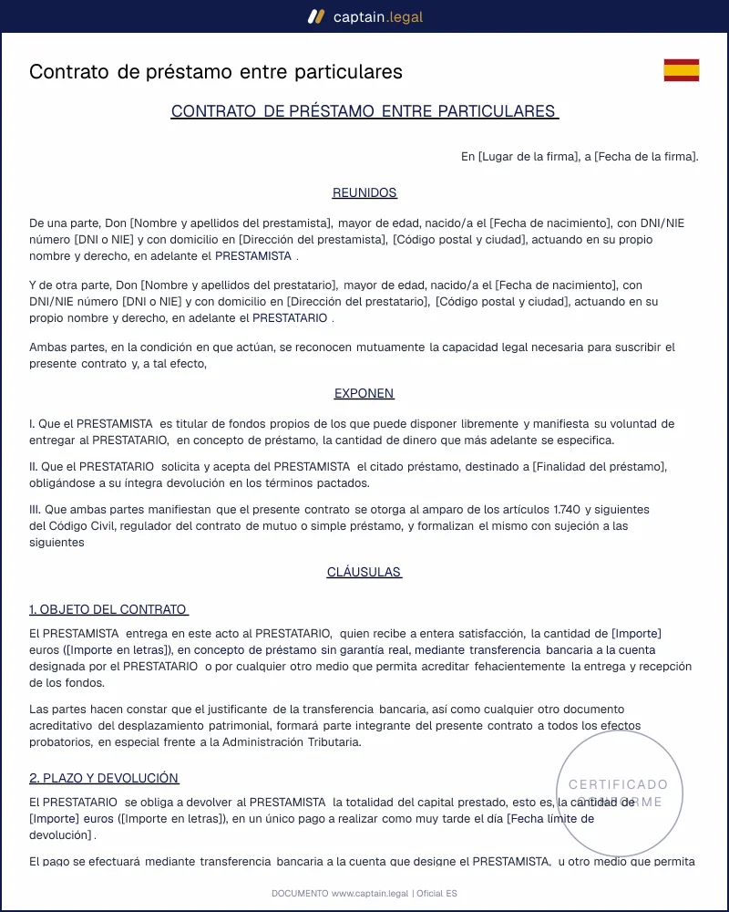 Contrato de préstamo entre particulares: plantilla legal 2026