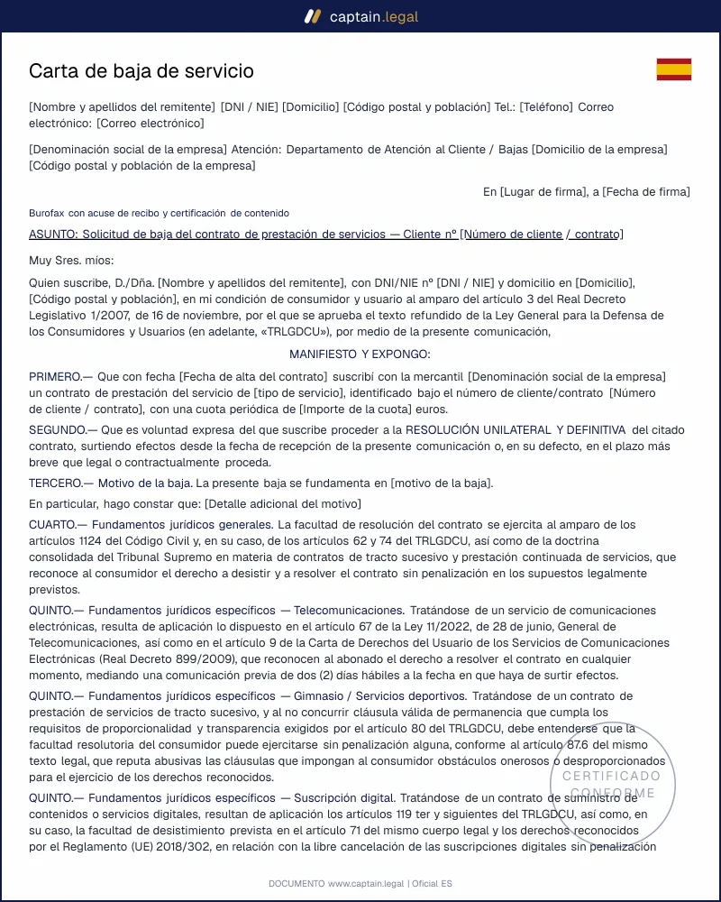 Modelo de carta de baja de servicio: cancela tu contrato online