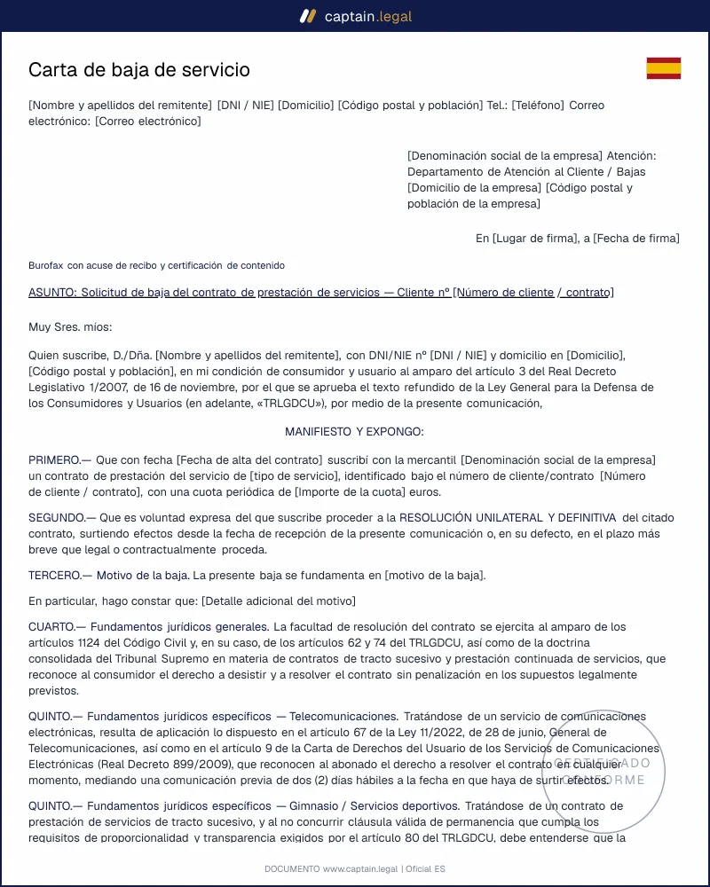 Modelo de carta de baja de servicio: cancela tu contrato online