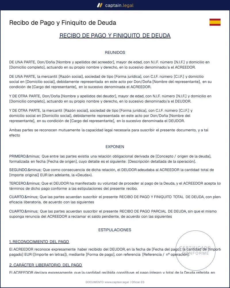 Finiquito de Deuda en España: Modelo Legal Word y PDF