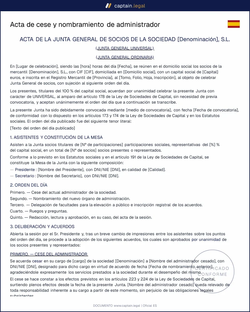 Modelo de acta de cese y nombramiento de administrador (LSC y RRM)