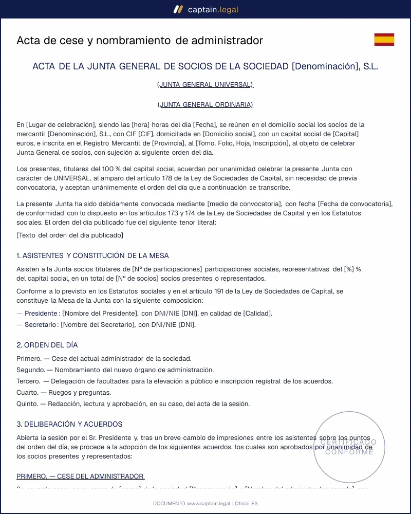 Modelo de acta de cese y nombramiento de administrador (LSC y RRM)