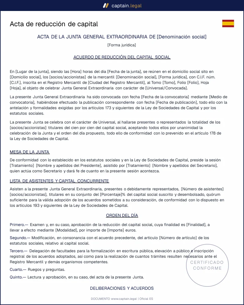 Modelo de acta de reducción de capital SL y SA — Ley LSC
