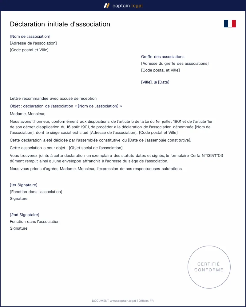 Modèle de déclaration initiale d'une association