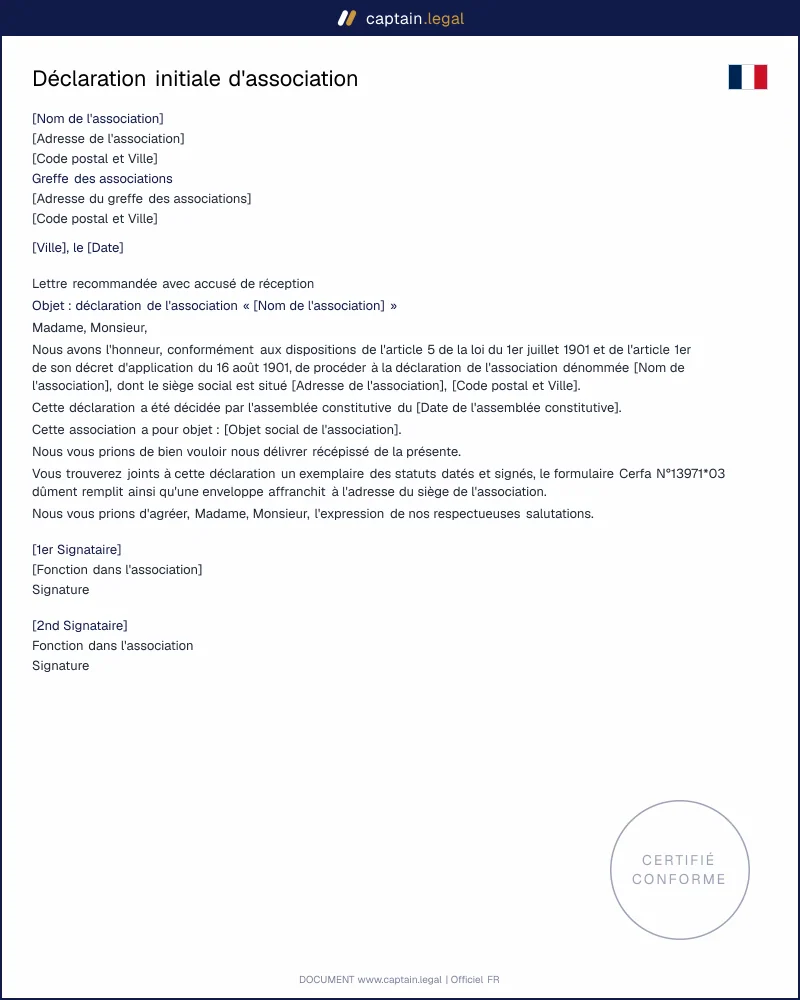 Modèle de déclaration initiale d'une association