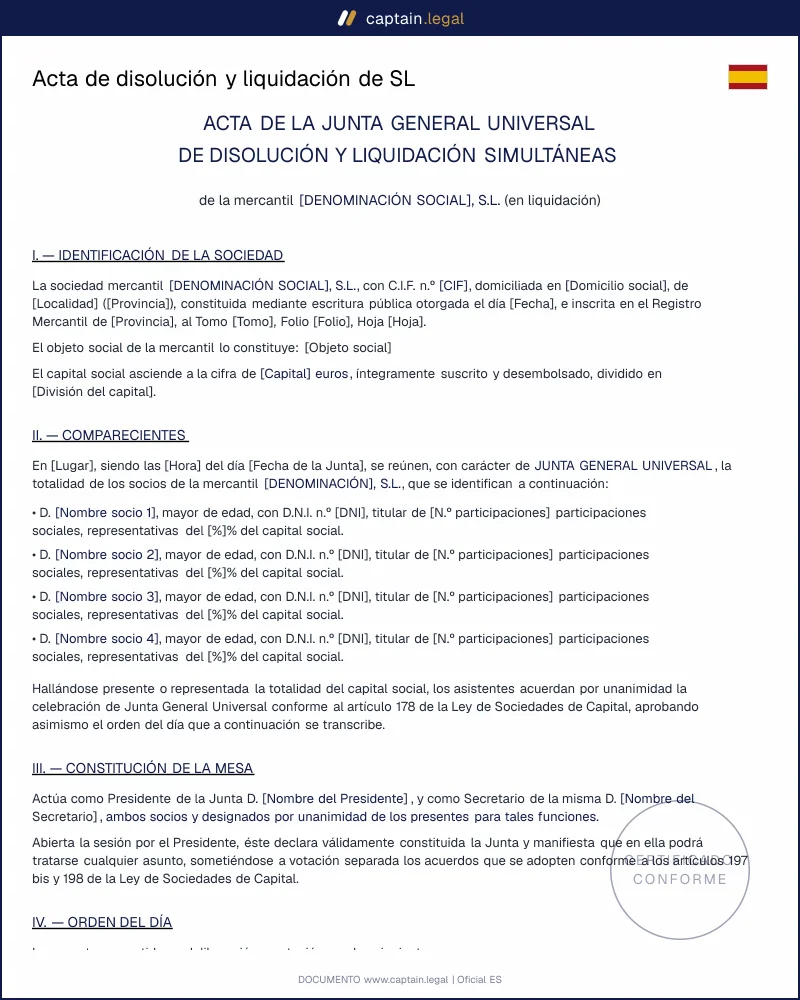 Genera el acta de disolución y liquidación de tu SL en minutos.