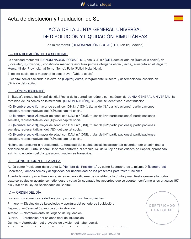 Genera el acta de disolución y liquidación de tu SL en minutos.