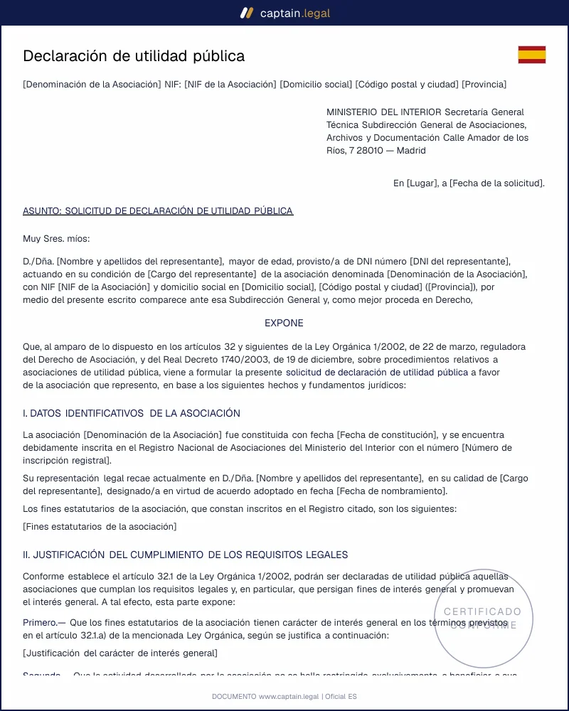 Declaración de utilidad pública asociación | Solicitud oficial