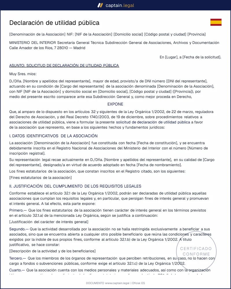 Declaración de utilidad pública asociación | Solicitud oficial