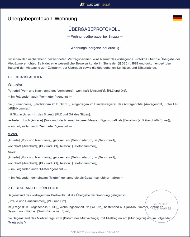 Wohnungsübergabeprotokoll Vorlage Einzug & Auszug