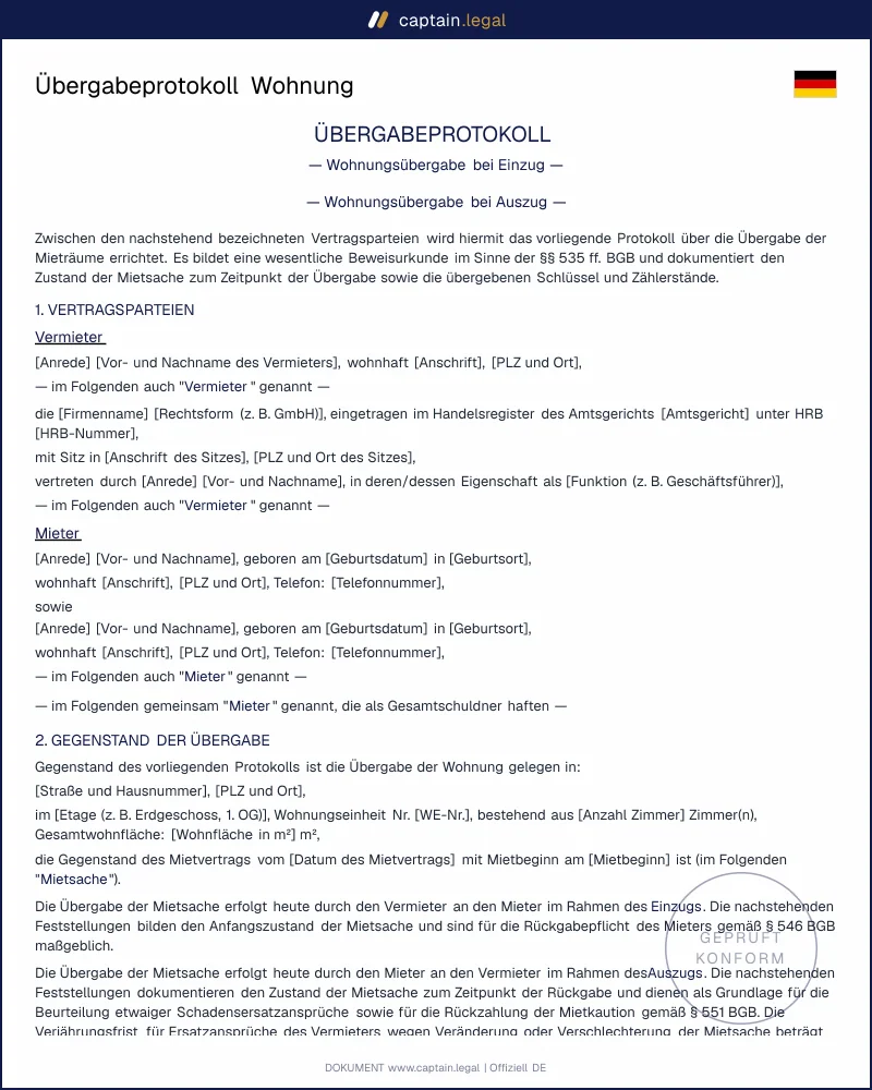 Wohnungsübergabeprotokoll Vorlage Einzug & Auszug