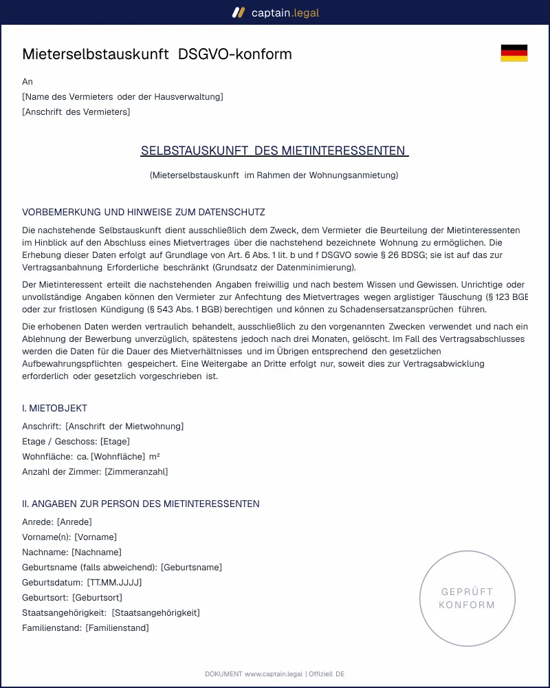 Mieterselbstauskunft Muster für Mietbewerbung | Word und PDF