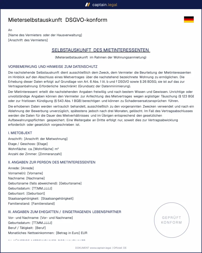 Mieterselbstauskunft Muster für Mietbewerbung | Word und PDF