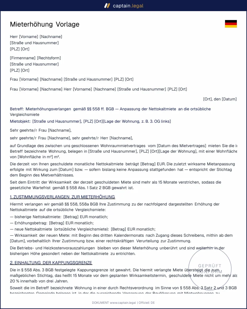 Mieterhöhung Vorlage: rechtssicher nach § 558 BGB
