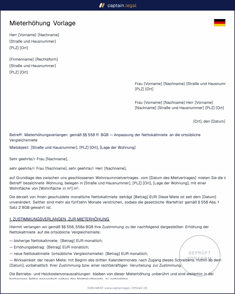 Mieterhöhung Vorlage: rechtssicher nach § 558 BGB