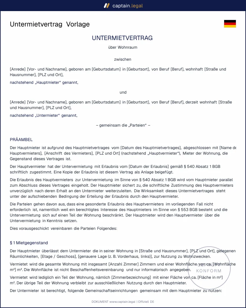 Untermietvertrag für WG, Zimmer und Auslandsaufenthalt | Vorlage