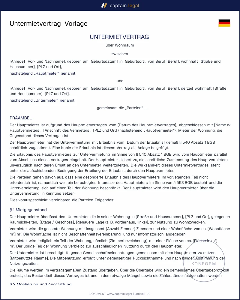 Untermietvertrag für WG, Zimmer und Auslandsaufenthalt | Vorlage